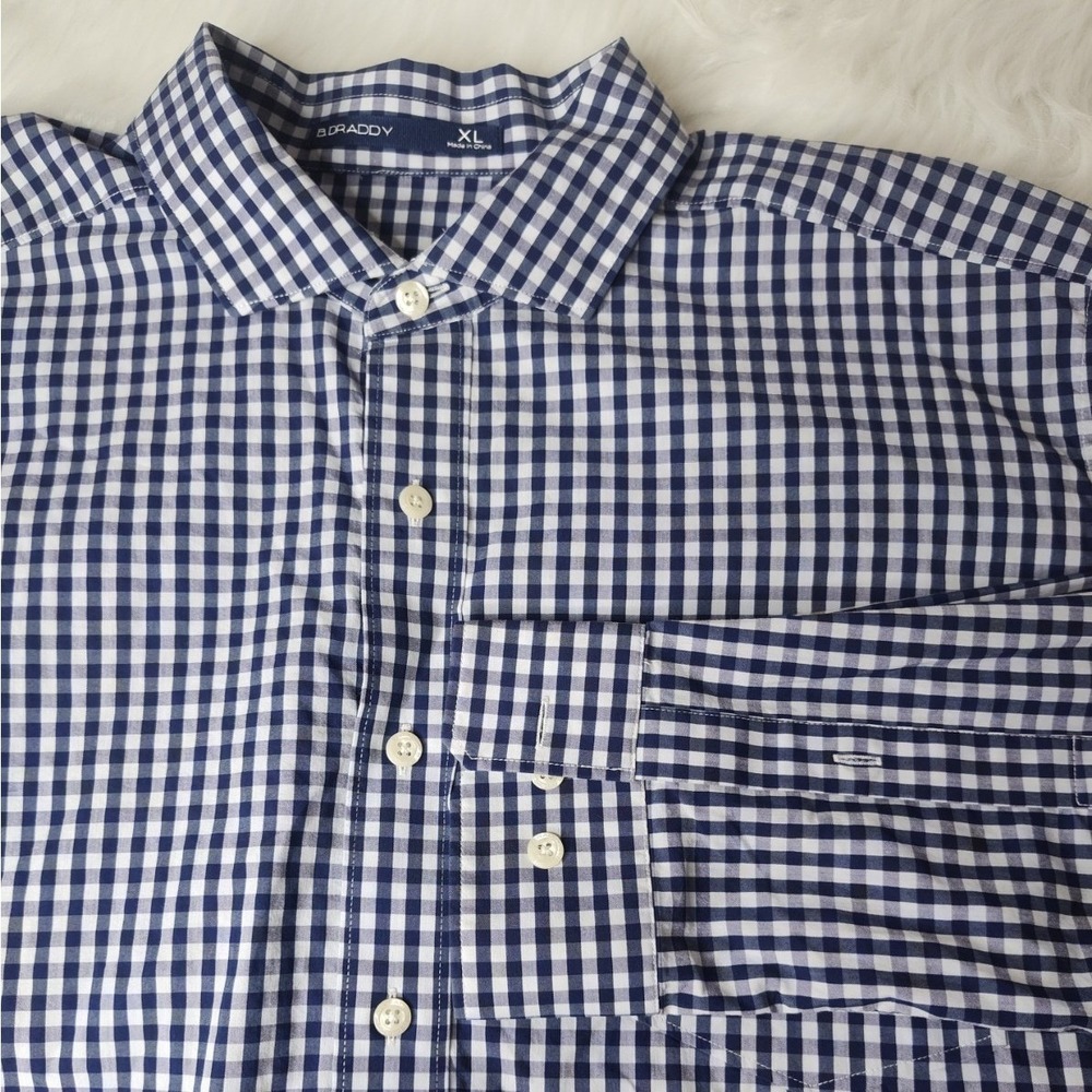 B.Draddy‎ Button Down Shirt Mens XL Navy Blue Gingham Check Long Sleeve Logo